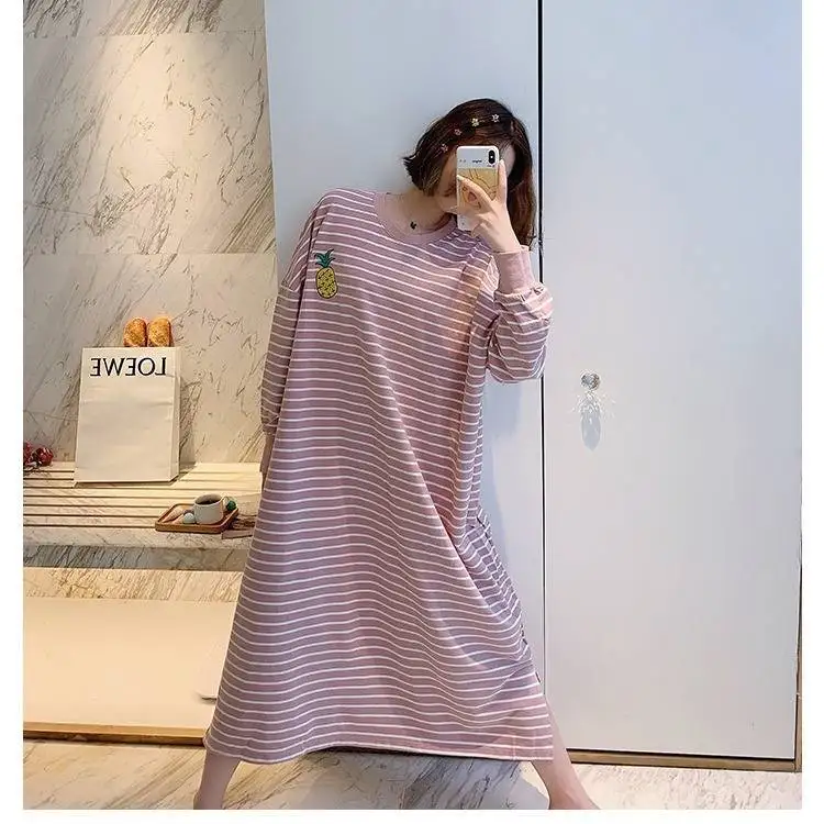PLUS SIZE Women Long Nightdress Sleepwear Spring Autumn Long Nightgown Nightwear Loose Bathrobe Striped Home Dress 5XL