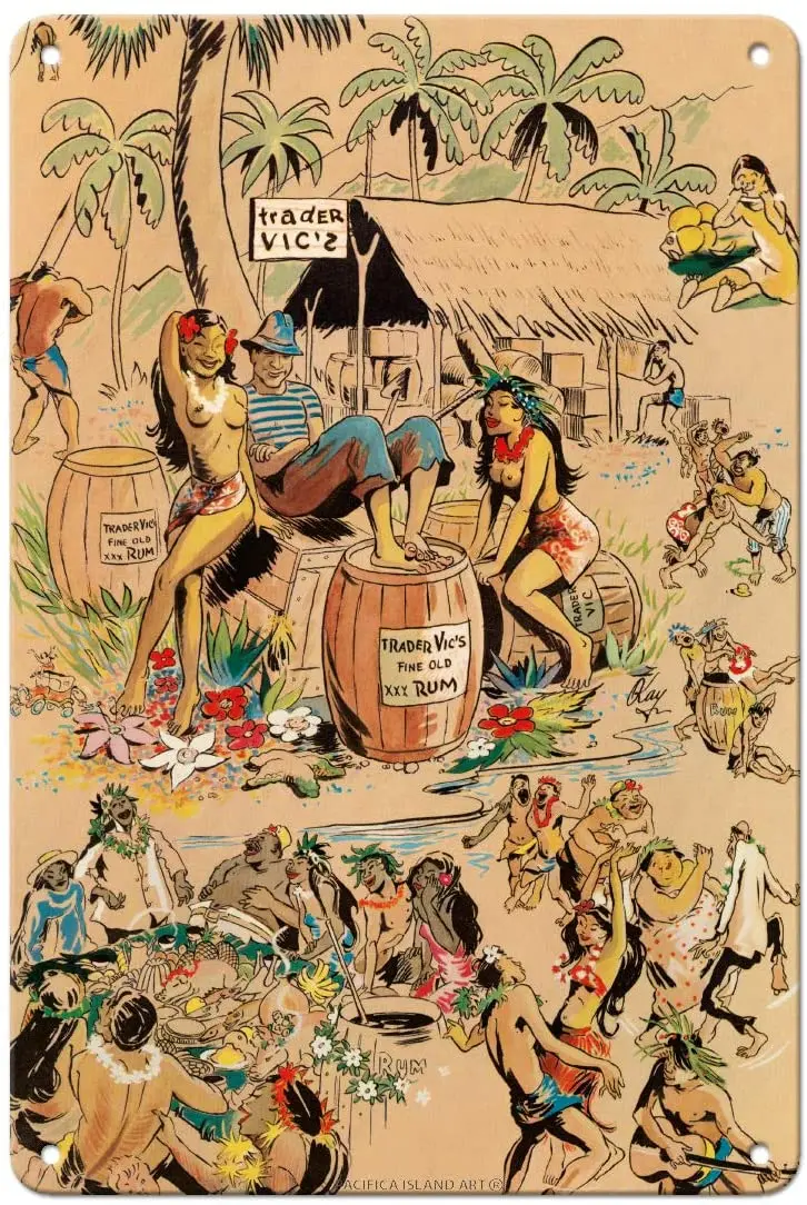 

Pacifica Island Art Trader Vics XXX Rum - Vintage Bar Menu Cover by Kay c.1947-8in x 12in Vintage Metal Tin Sign