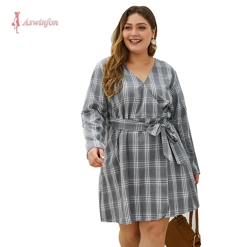 Женское клетчатое платье Aswinfon размера плюс модное с длинным рукавом и v образным