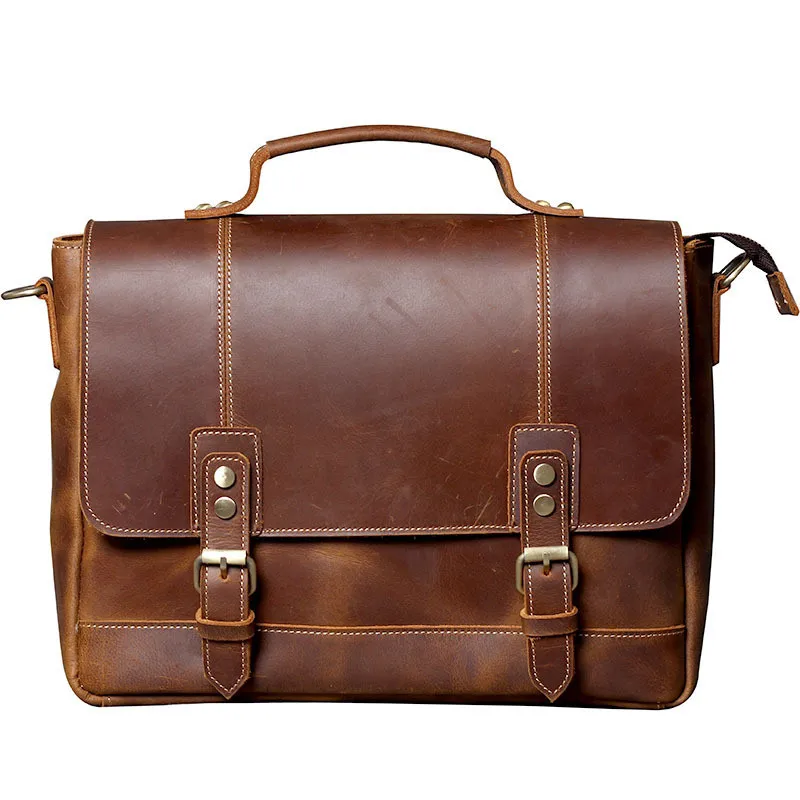 Briefcase Men Handbag Genuine Leather Laptop Bag Business Men's Shoulder Diagonal Bag First Layer Cowhide Retro Male Brown