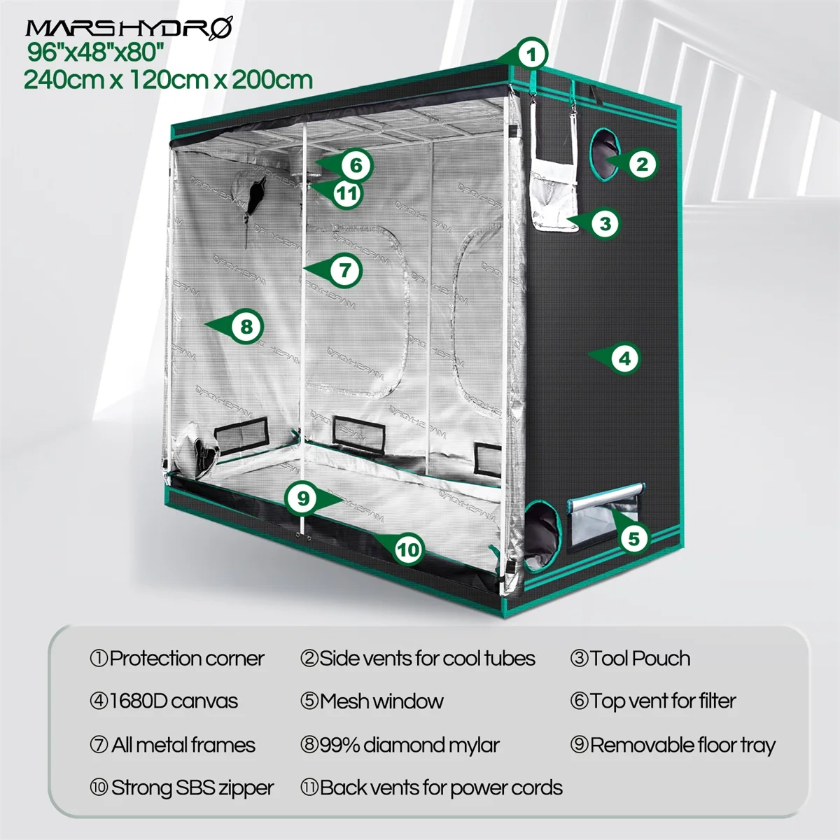 1680D Mars Hydro 240X120X200cm Крытый светодиодный тент для выращивания внутри система