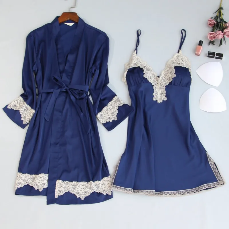 

Women Robe Gown Sets Ladies Sexy Lace Lounge Sets Pijama Long Sleeve Silk Nightwear Bathrobe Nightdress Two-Piece Sleepwear Sets
