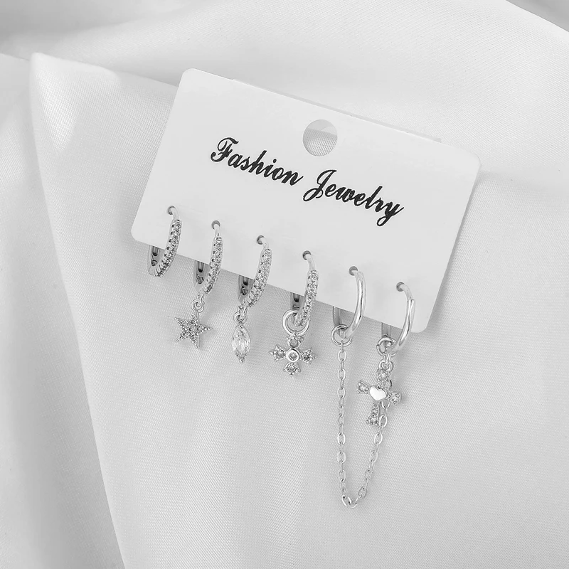 

SIPENGJEL New Fashion Cubic Zirconia Cute Cross Small Hoop Earrings Sets 6 pcs Fine Chain Earrings Sets For Women Korean Jewelry