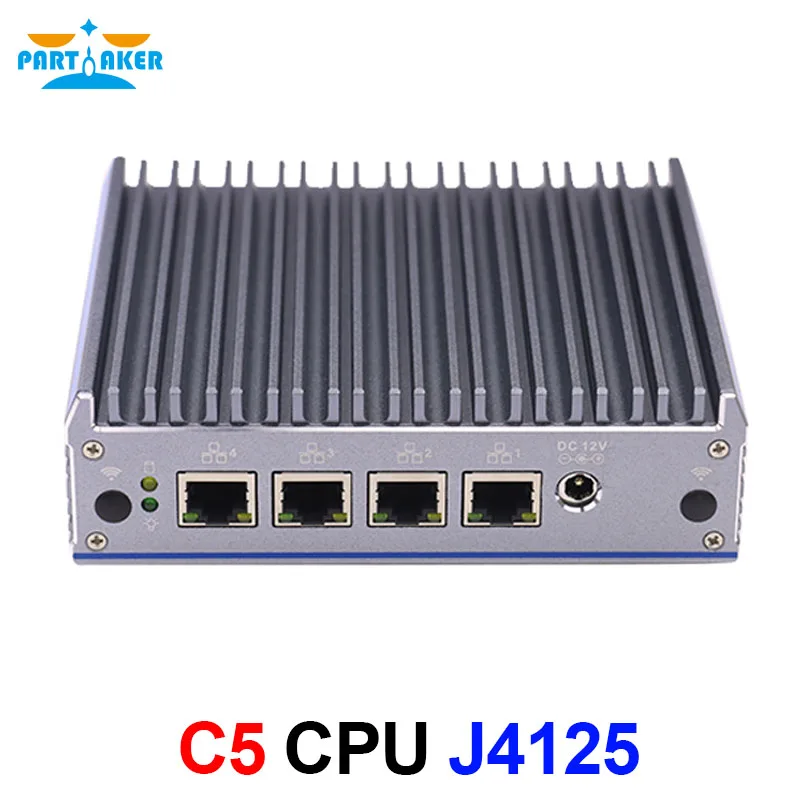 Partaker C5 Fanless Mini PC pfSense Firewall Appliance Quad Core J4125 2.0GHz VPN 4 i211-AT LAN Network Router Onboard 8G EMMC