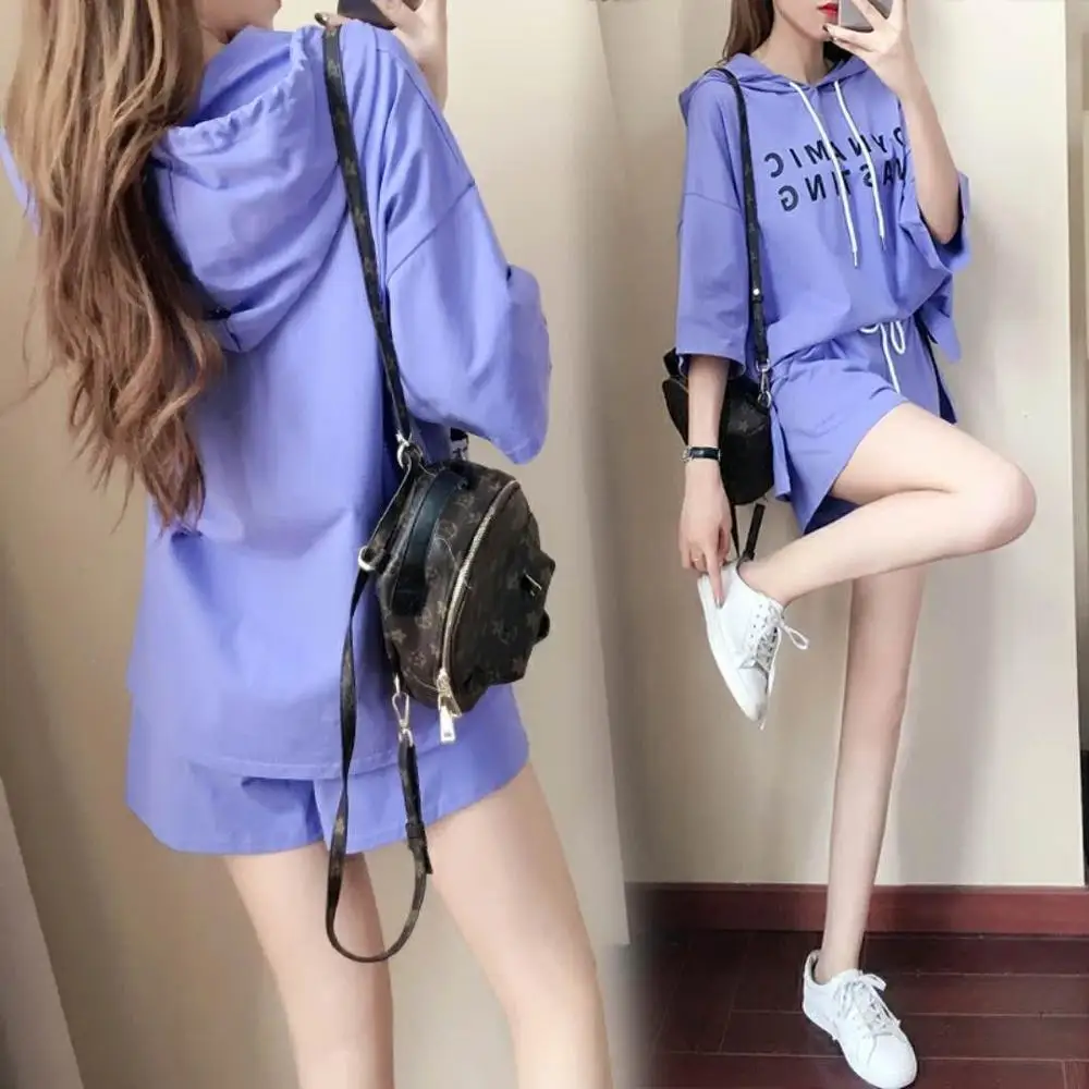 

Casual Fashion Tracksuit For Women 2021 New Female Tracks Korean Loose Short Sleeve Wide Leg Shorts Casual Sports Two-Piece Suit
