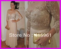 robe de soiree champagne long sleeve pearls lace formal women party prom gown evening dresses chiffon 2018