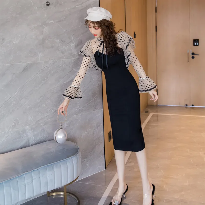 Женское облегающее платье в горошек Черное длинное Сетчатое Корейском стиле