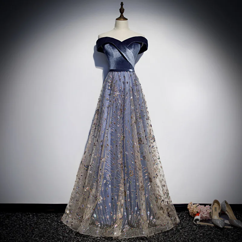 

Fairy Slash Neck Evening Party Dress Bling Sequins Celebrity Banquet Dress Noble A-line Prom Dress Sexy Mesh Dress Big Size 3XL