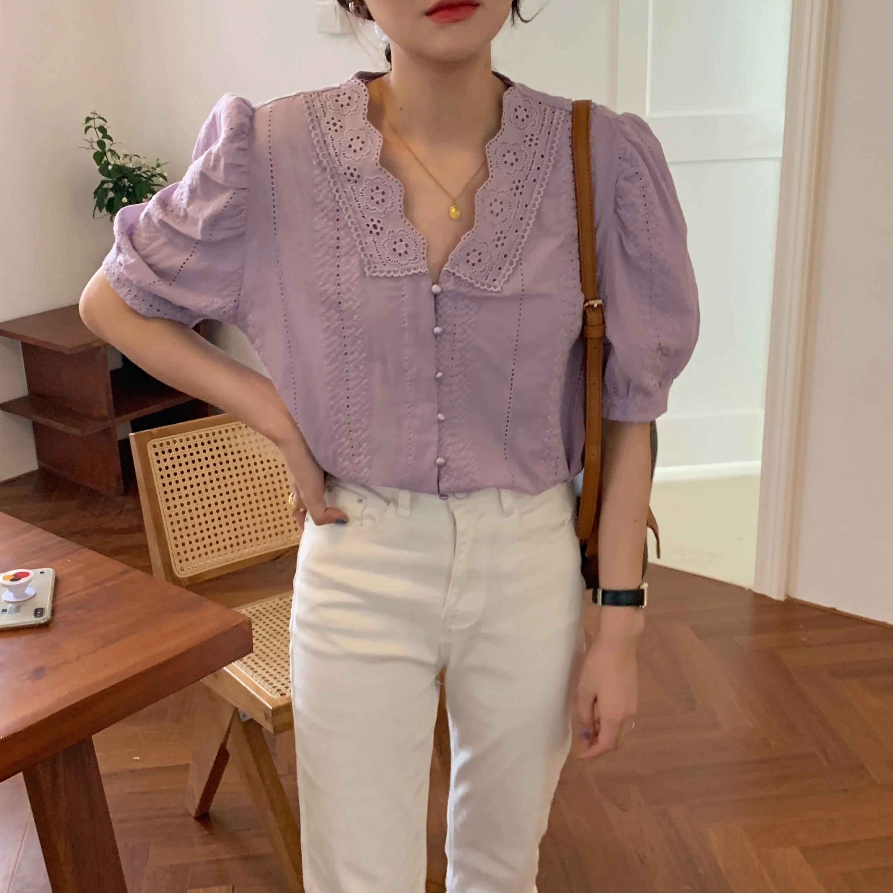 Женская кружевная блузка Alien Kitty элегантная ажурная в Корейском стиле с пышными