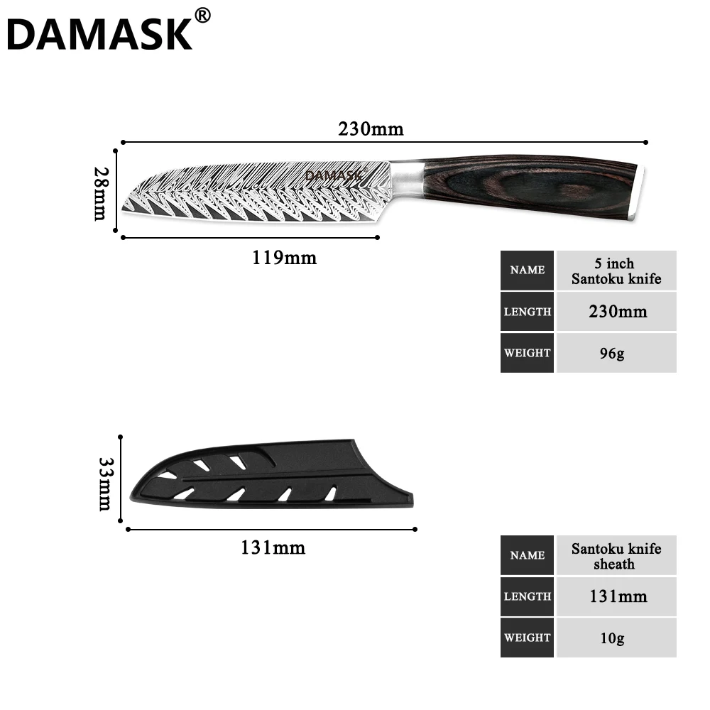 5inch Santoku Knife Набор кухонных ножей Damask 7Cr17 Mov кухонный нож из нержавеющей стали высококлассный нож с рисунком рыбьей кости с бесплатными подарочными ножны - Цвет: 5inch Santoku Knife