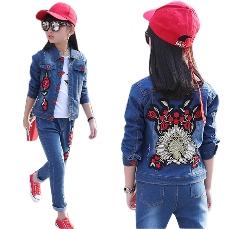 

New Baby Girl Clothes 10 12 14 Years Girls Clothing Set Denim Jacket + Jeans 2pcs Flower Girl Suit Cotton Casual Girls Outfits