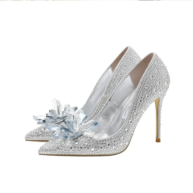 

Crystal High Heels Women Stiletto High Heels 2021 New Pointed Toe Rhinestone Wedding Shoes Silver Bridal Shoes