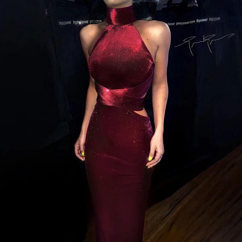 

Женское вечернее банкетное платье OMSJ, элегантное блестящее облегающее бархатное платье без рукавов, с открытой спиной и перекрестной шнуро...