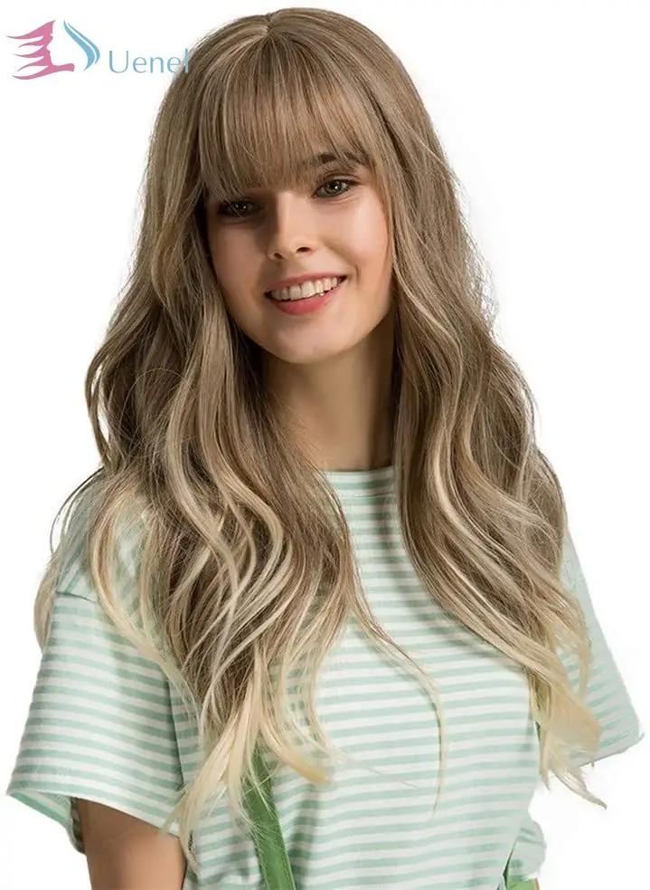 

Uenel 24"Women Synthetic Wigs Long Wavy Blonde with Fluffy Air Bangs Light