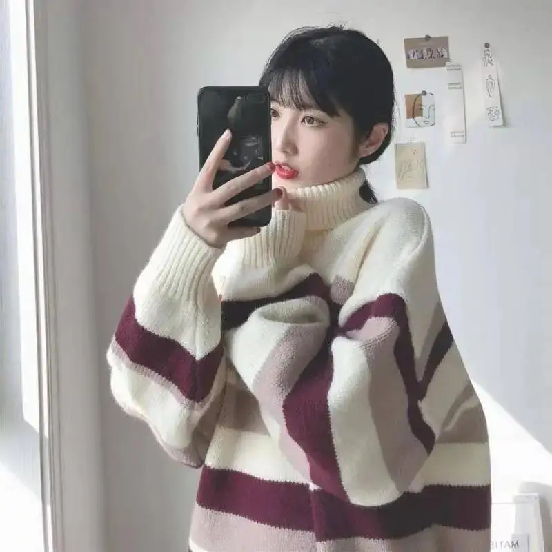Женский вязаный свитер, Свободный пуловер оверсайз с высоким воротником и длинным рукавом, корейский джемпер, вязаная одежда, осень-зима 2021