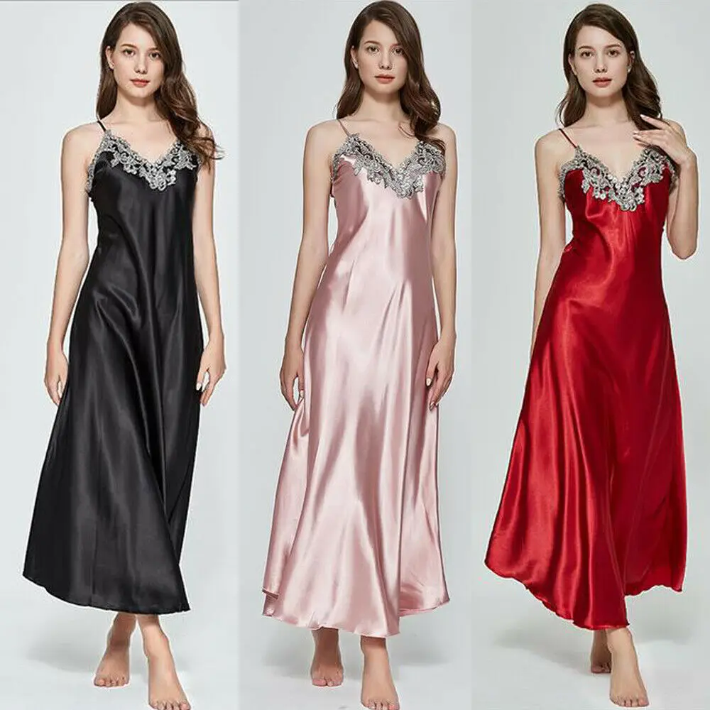 

Camison de encaje de seda para mujer, camison de gran tamano largo de saten, Sexy, camison de lenceria, ropa