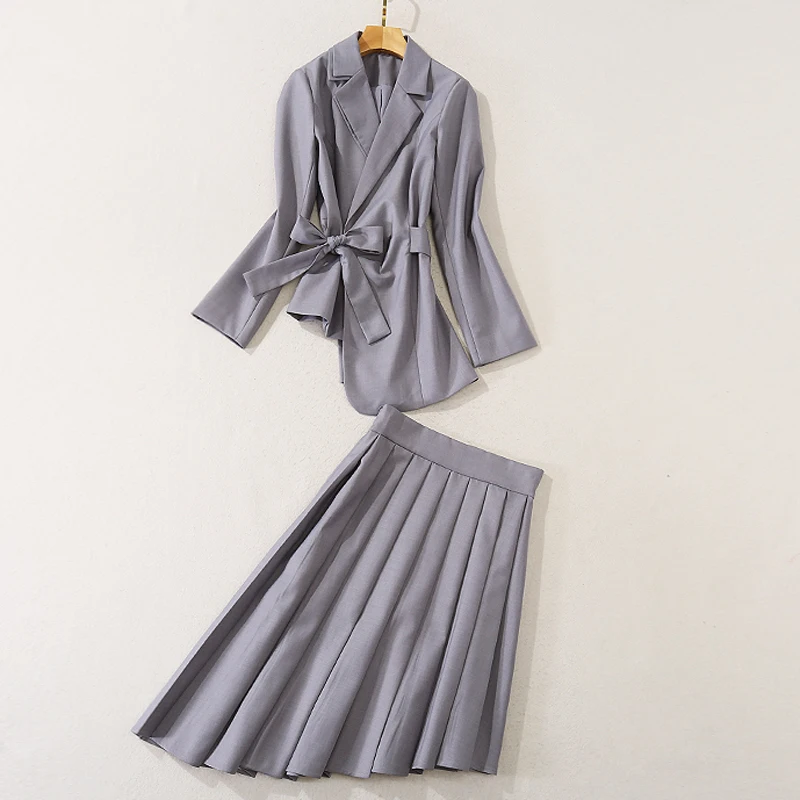 

Женский костюм с плиссированной юбкой, элегантный подиумный костюм с отложным воротником, блейзером с длинным рукавом, со шнуровкой, 2021