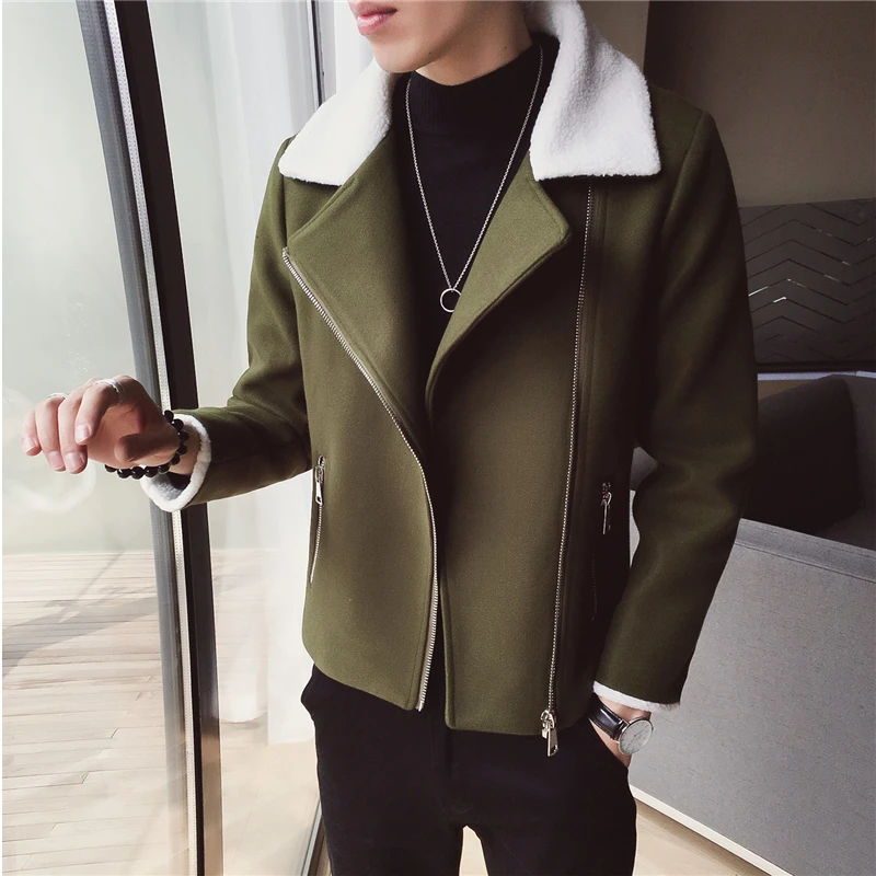 2021 Winter Warm Short Wool Coat Korean Slim Fit Lamb Collar Jacket Men Casual Trend Green Black Youth | Мужская одежда