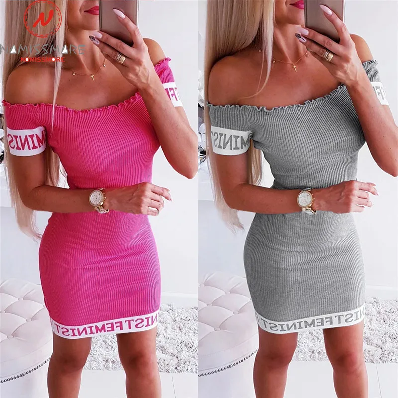 Women Mini Dress Patchwork Design Off Shoulder Slash Neck Short Sleeveless Letter Print Bodycon Dress Office Lady Slim Dress