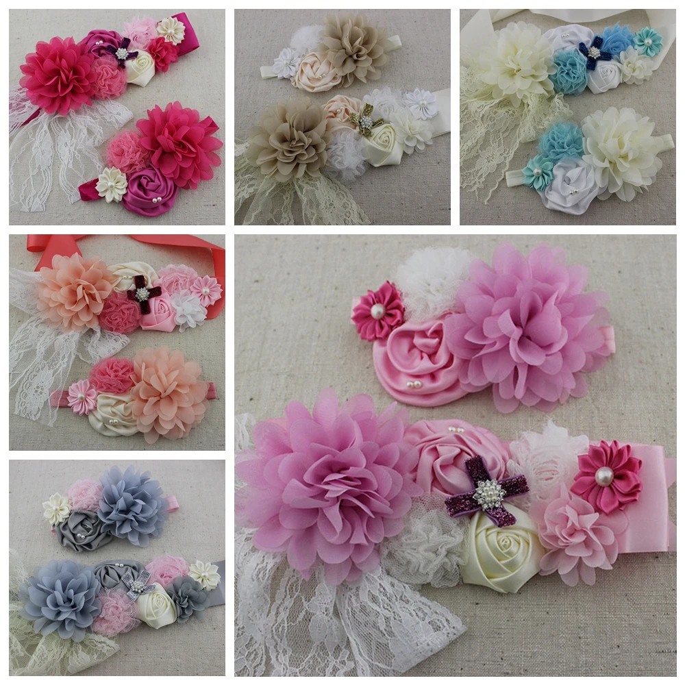 Модный пояс с подходящей повязкой на голову шифоновый потертым цветком для