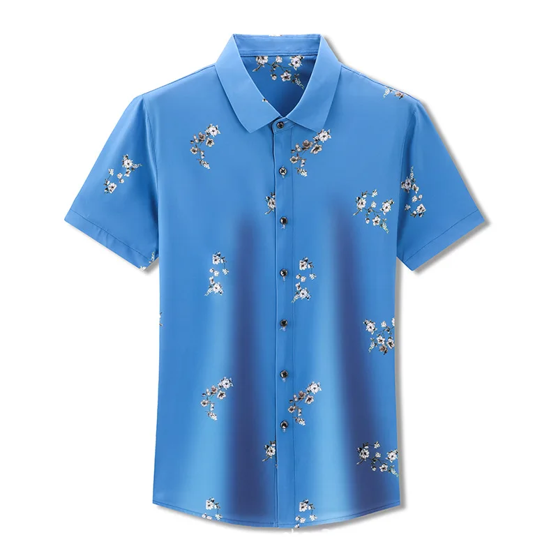 

Men's shirt printing slim fit thin Lapel short sleeve middle aged summer casual shirt fashion