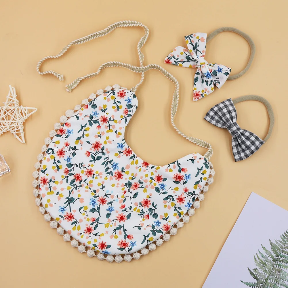 

Baby Tassel Saliva Towel Boys Girls Props Bandana Burps Headband Floral Vintage Newborn Photography Double Side Bibs