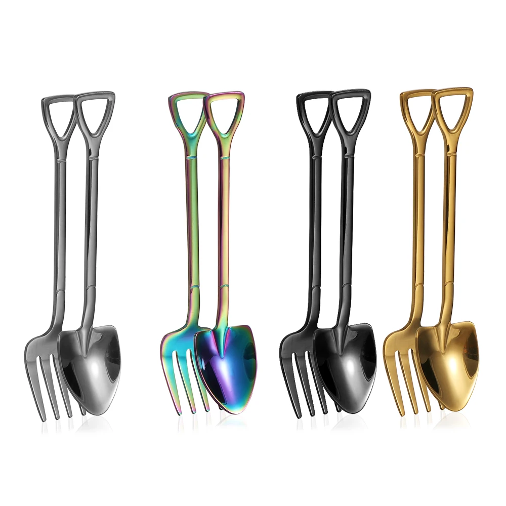 

1 шт., креативная разноцветная ложка в форме лопаты из нержавеющей стали, вилка с длинной ручкой, ложка для кофейного мороженого, вилка, кухон...