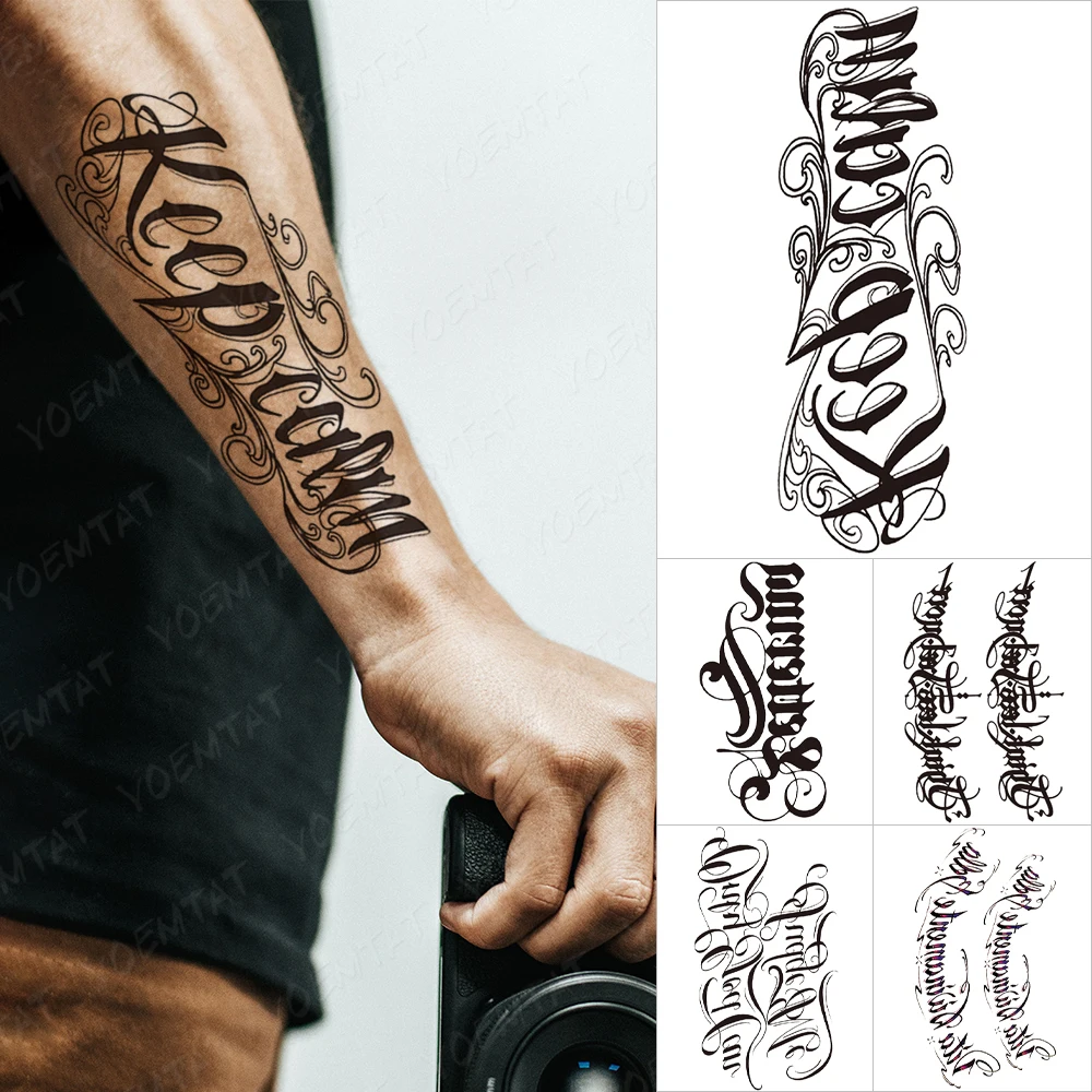 

Handwriting Font Waterproof Temporary Tattoo Sticker Text Word Chicano Lettering Body Art Arm Wrist Fake Tatoo For Women Men