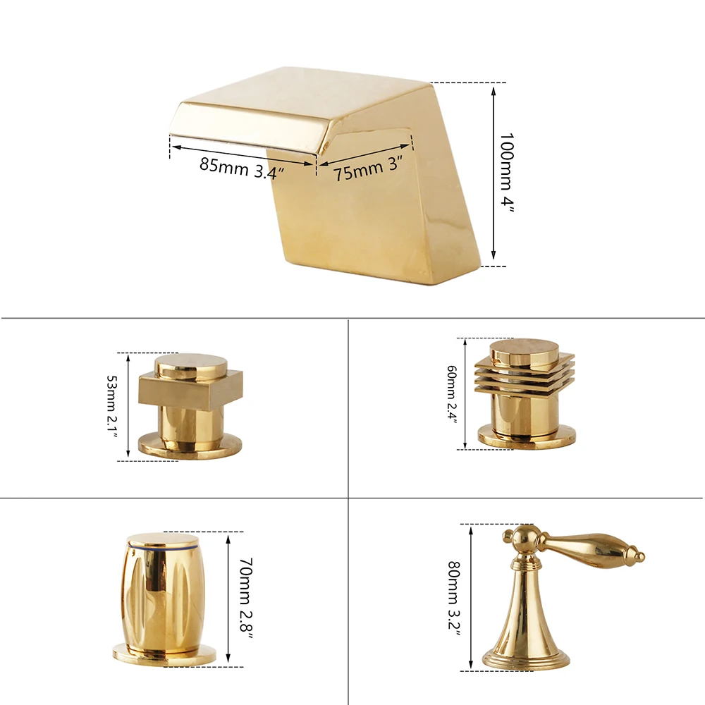 YANKSMART 3 Pcs Golden Plated Bathroom Bathtub Faucets Waterfall Spout Dual Handles Faucet Deck Mount Hot &amp Cold Mixer Water Tap |