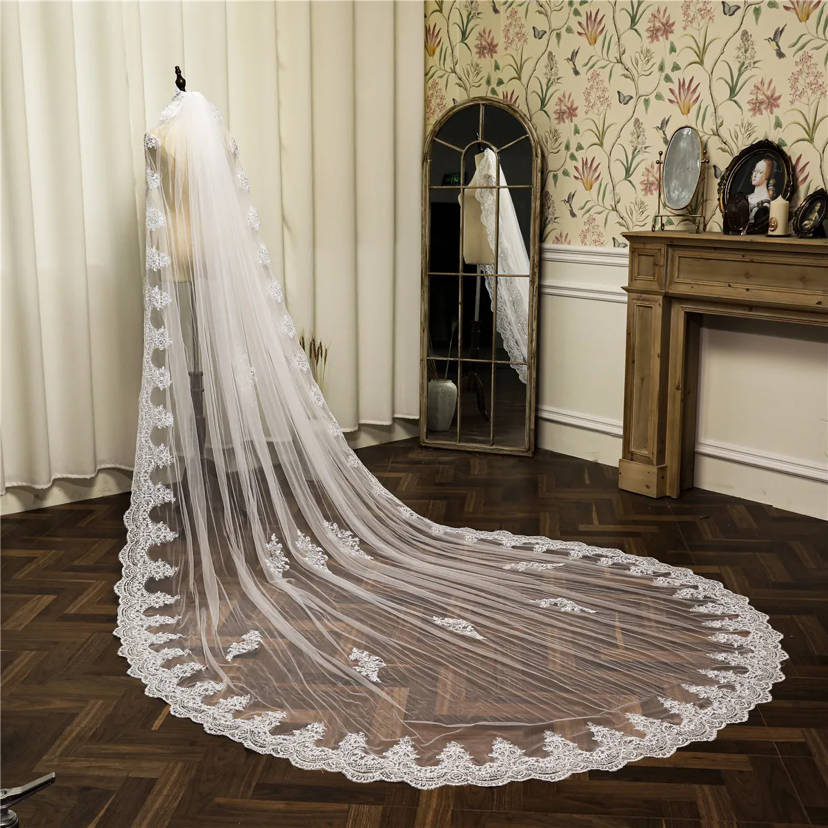 Popodion Lace Wedding Veil Wedding Accessories White Bridal Veil with Metal Hair Comb Bridal Headwear ROM80273