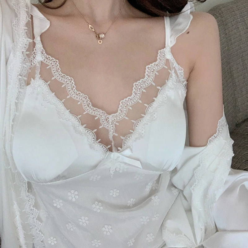 

Woman Elegant Pajamas V-Neck Sling Nightdress Nightgown With Chest Pad Ladies Spring And Summer Ice Silk Lace Sexy Homewear Suit