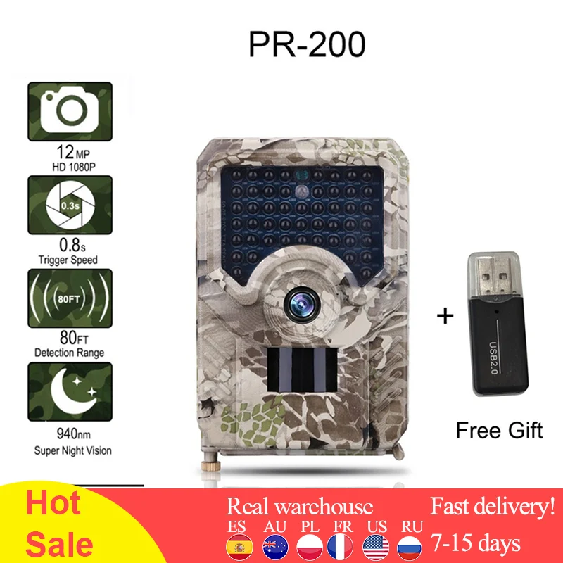 

PR-200 Trail Camera 12MP 940nm IR LED Hunting Camera IP56 Waterproof 18650 Battery Wild Camera Night Vision