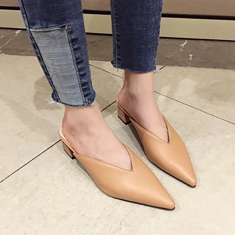 Женские мюли 2020 туфли с острым носком на низком каблуке Новые женские модные