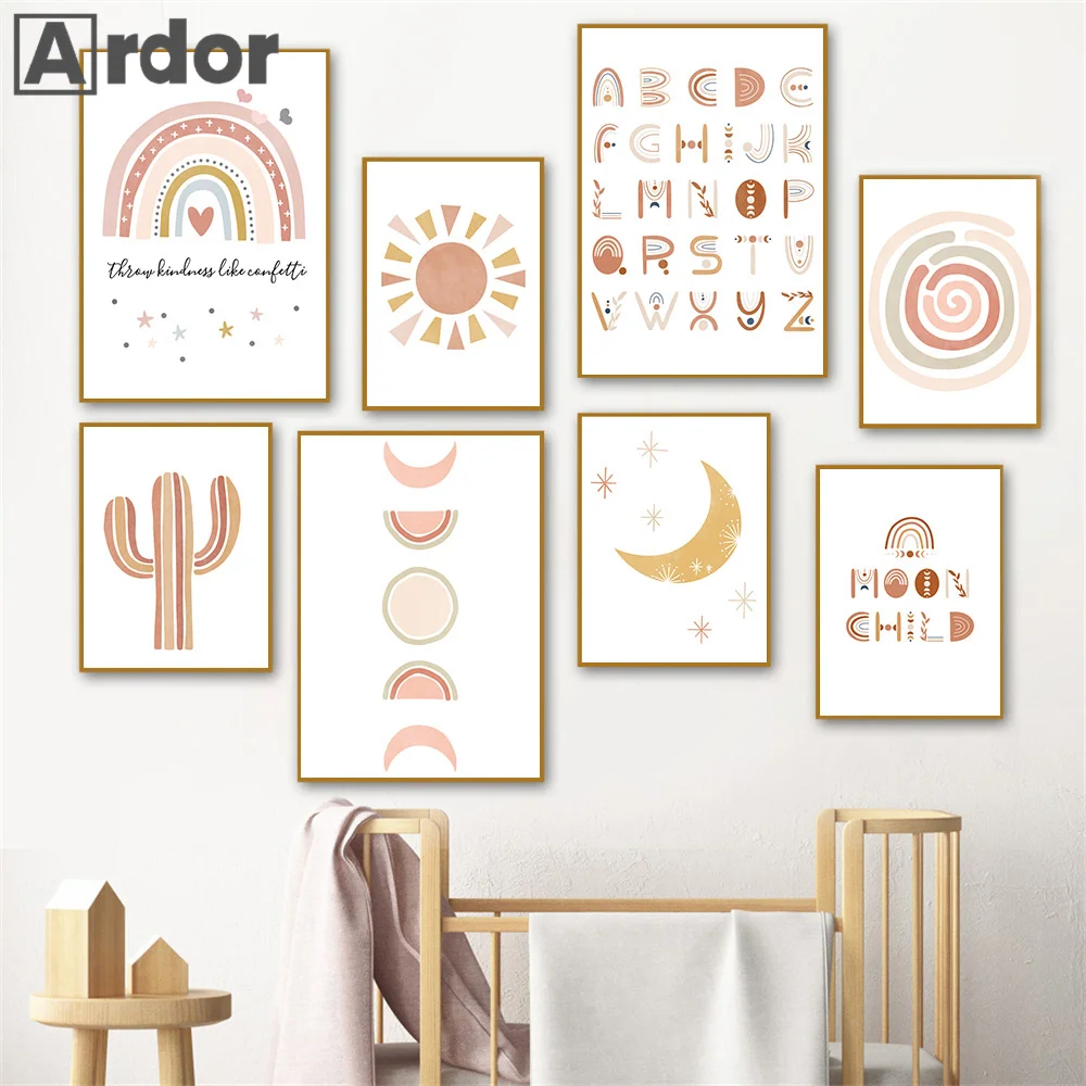 

Cactus ABC Alphabet Wall Art Poster Rainbow Sun Moon Cloud Art Print Quotes Canvas Painting Nordic Pictures Baby Kids Room Decor