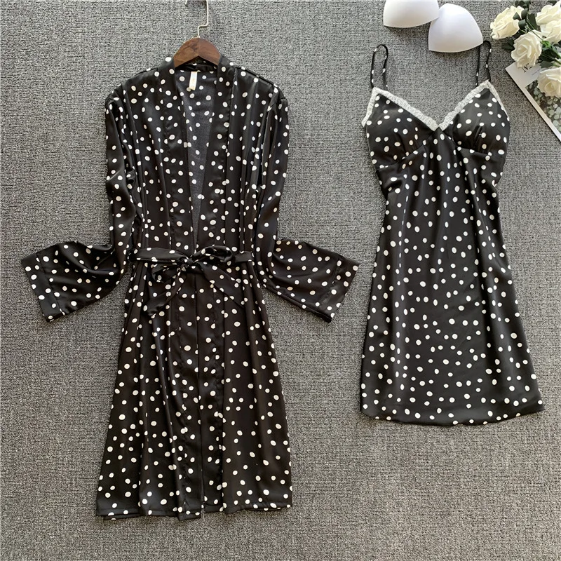 Женский весенний комплект из халата и рубашки Сексуальная кружевная пижама в