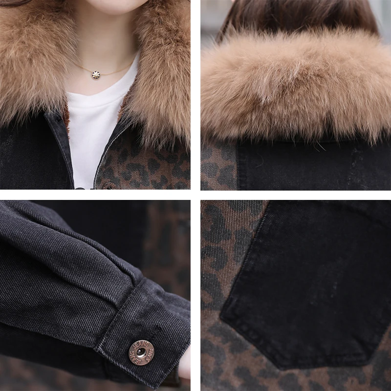 

Streetwear black leopard thick denim jacket womrn winter harajuku punk jean jackets coat boyfriend loose pocket fashion vintage