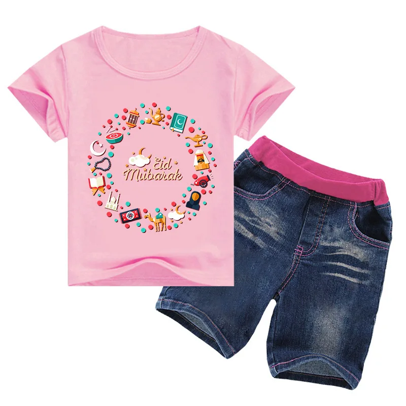 

2-16Y Muslim Clothes Boys Short Sleeve TrackSuit Kids Cartoon Radaman T-shirt Denim Shorts 2Pcs Sets Girls Eid Mibarak Clothing