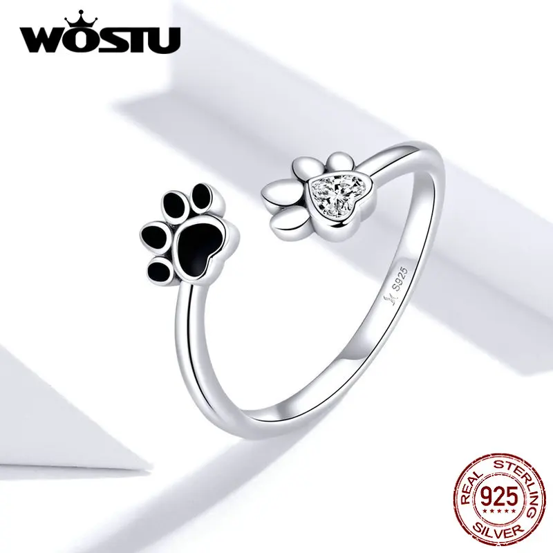 

WOSTU Footprint Ring 925 Sterling Silver Paw Dog Pets' Rings For Women Engagement Adjustable Rings Fine Jewelry CQR605