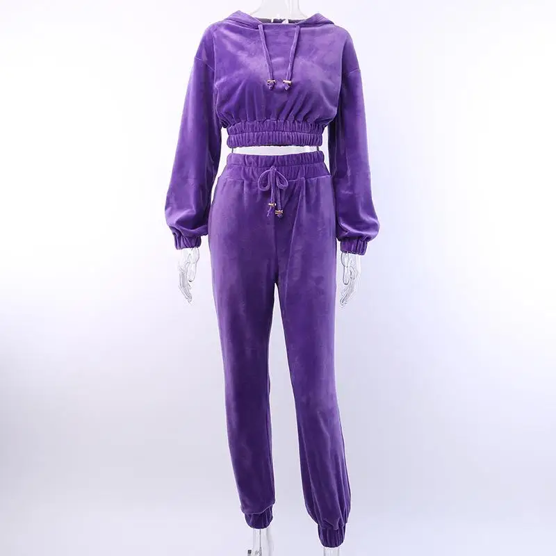 ZITY 2 Two Piece Set Pink Fleece Crop Top Hoodies Sweat Pants Women Matching Sets Activewear Winte Clothing Outfit |