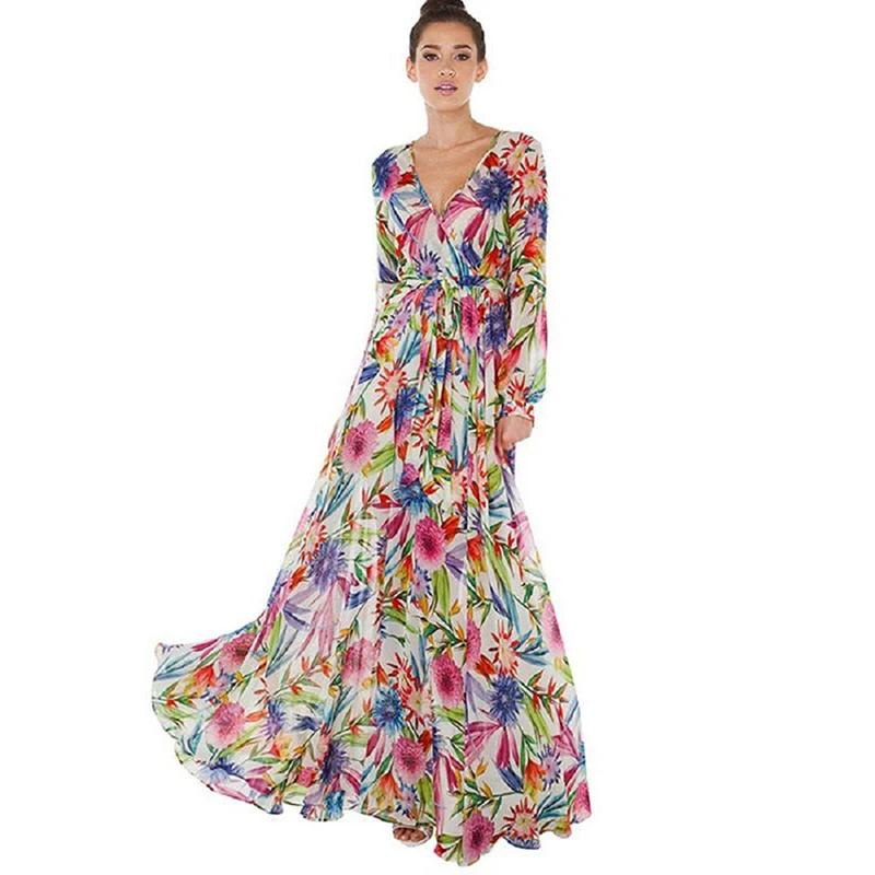 Nadafair Boho летнее макси платье шифоновое винтажное Туника сексуальное с v-образным вырезом на поясе шифоновое с цветочным принтом размера плюс пляжное длинное платье для женщин
