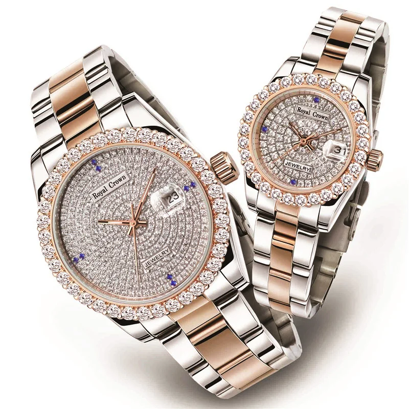 Claw-setting Men's Watch Women's Watch Fine Full Crystal Clock Stainless Steel Bracelet Luxury Lovers' Gift Royal Crown