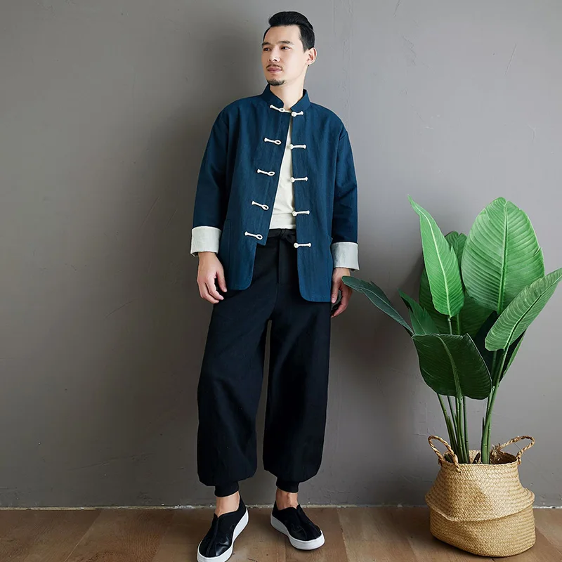 LZJN 2020 Весна длинный рукав мужской костюм Тан блузка одежда Лен Blusas китайский узел
