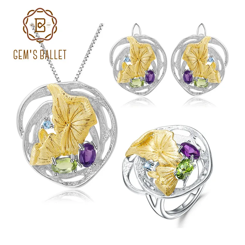 

GEM'S BALLET 3.17Ct Natural Peridot Amethyst 925 Sterling Silver Necklace Sets Handmade Lotusleaf for Women Fine Jewelry Set