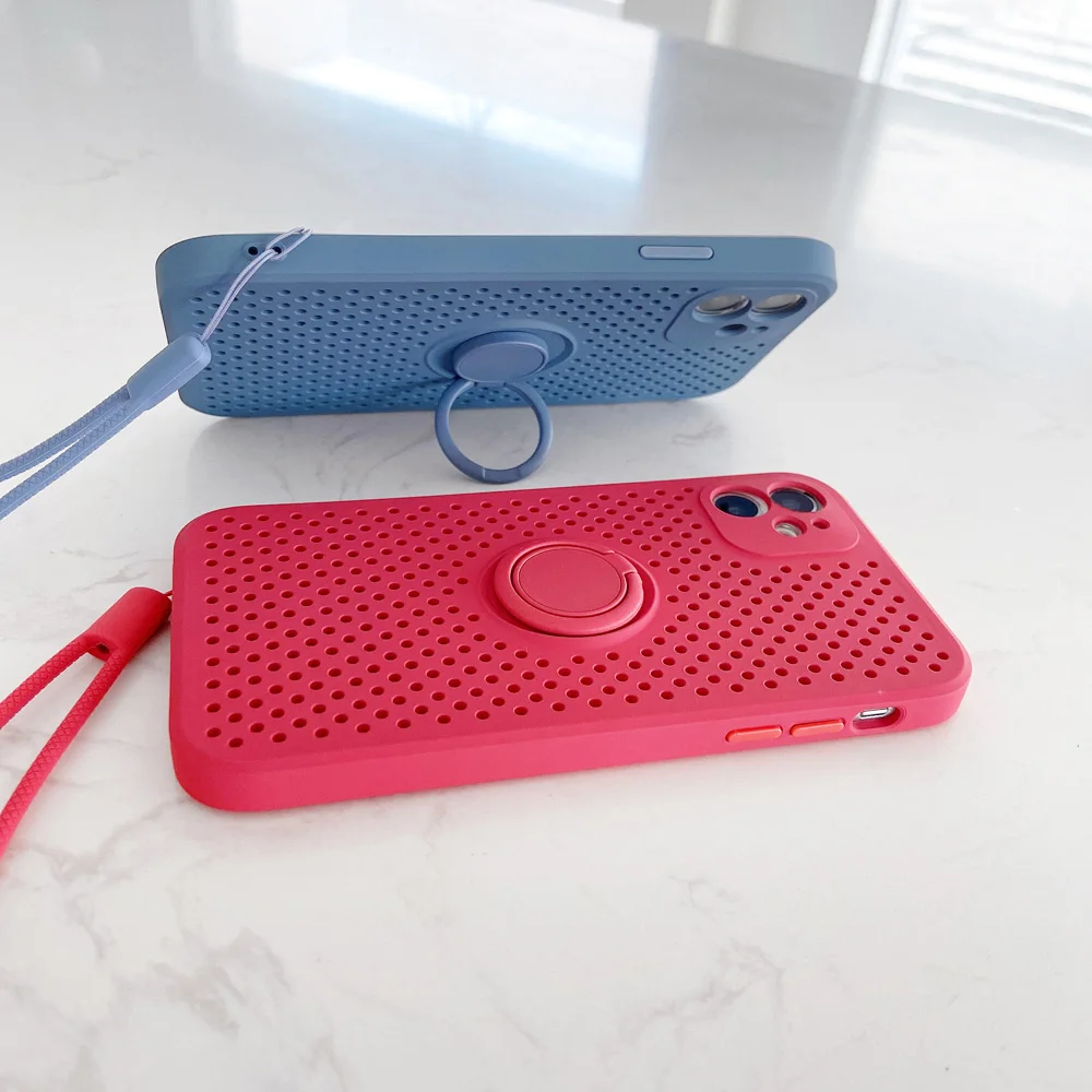 

Liquid Silicone Cooling Phone Case for iPhone 12 Mini 11 Pro Max X XR XS 8 7 Plus Invisible ring stand Soft Back Cover Lanyard