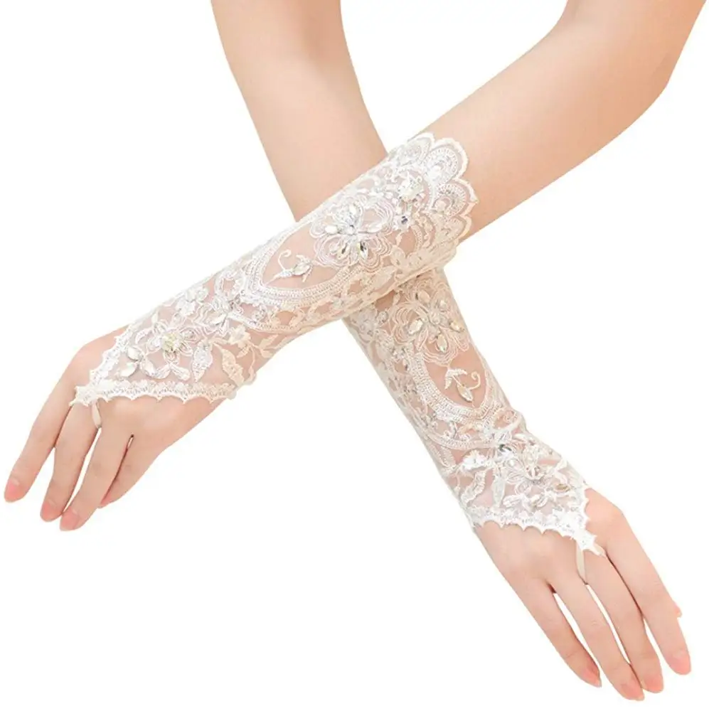 

Lace Wedding Gloves,Fingerless Rhinestone Bridal Gloves for Wedding Prom Evening Party 2022