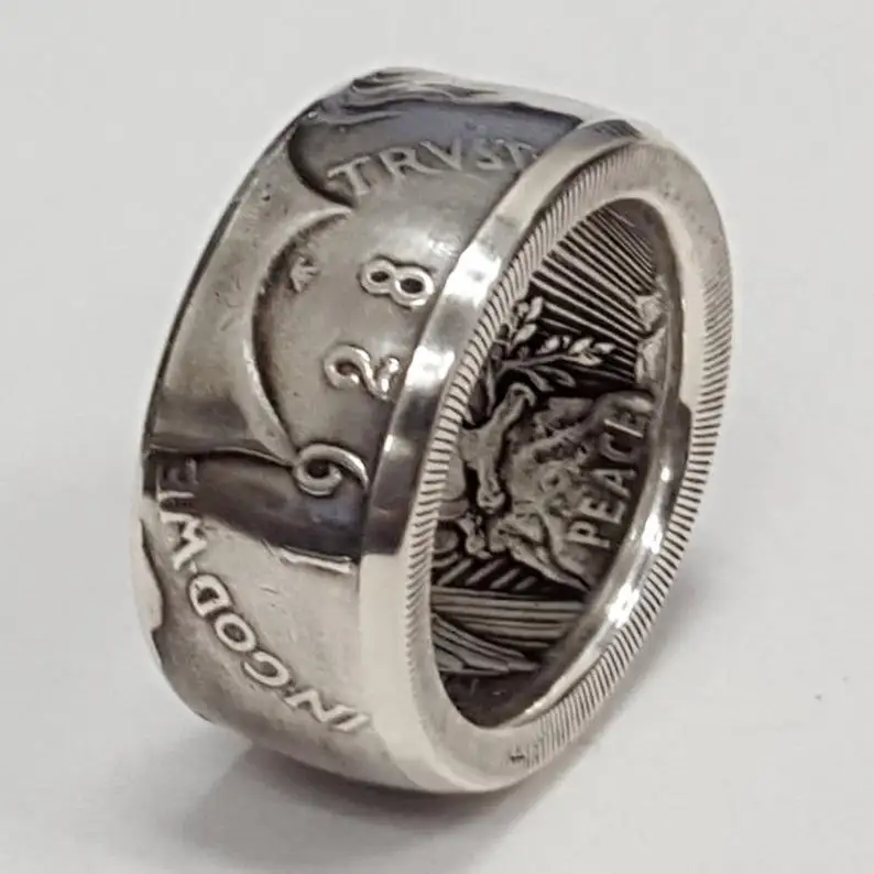 

2021 Vintage Mens Rings Antique Handmade Coin Silver Color Dollar 1893 Carved Different Time Punk Ring Classic Specie Jewelry