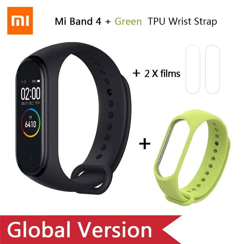 Ad Green strap Глобальная версия, Xiaomi mi-браслет 4 mi Band 4, музыкальный цветной экран, фитнес-частота сердечных сокращений, Bluetooth 5,0, умные часы, Russina - Цвет: Ad Green strap