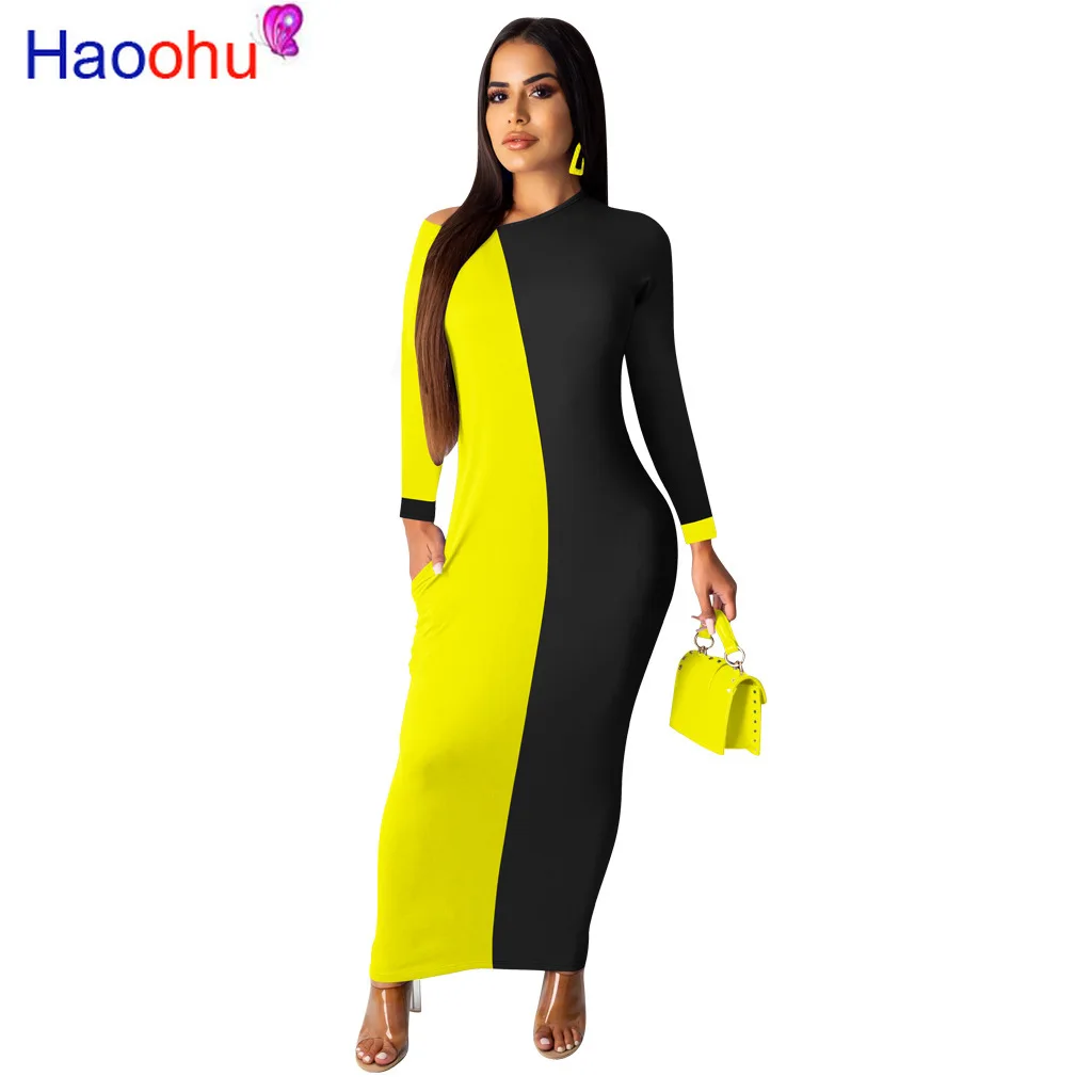 HAOOHU повседневное Лоскутное Платье макси с длинным рукавом на одно плечо женская