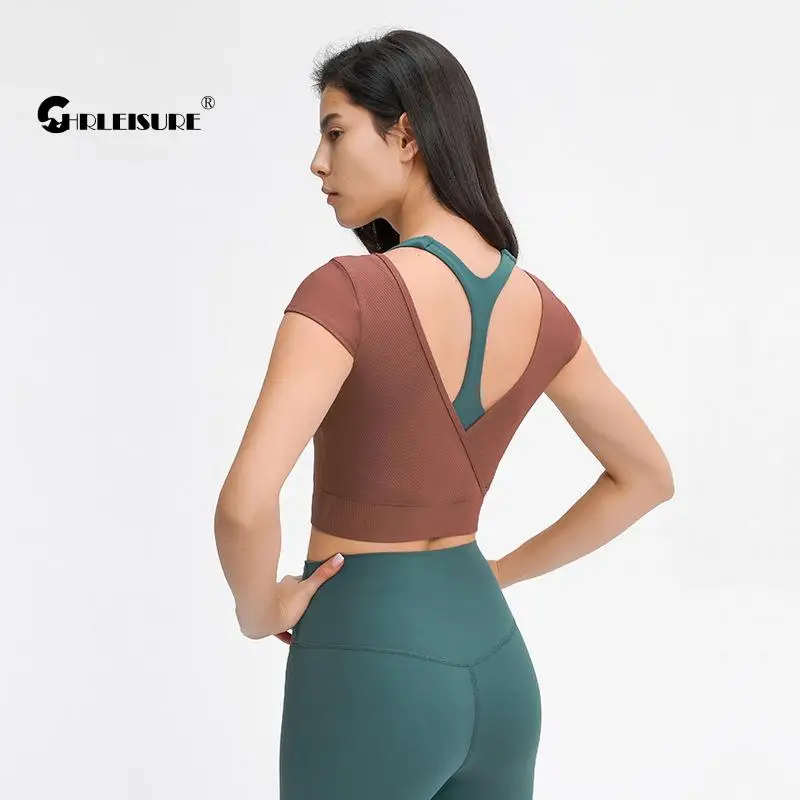 

CHRLEISURE нить для йоги Женская рубашка короткая Сексуальная V тип красивый задний спортивный топ дышащая быстросохнущая для бега фитнес блузк...