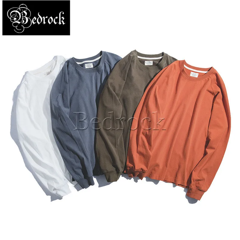 

retro vintage Japanese four-color round neck long-sleeved T-shirt Ami khaki loose cotton casual bottoming shirt